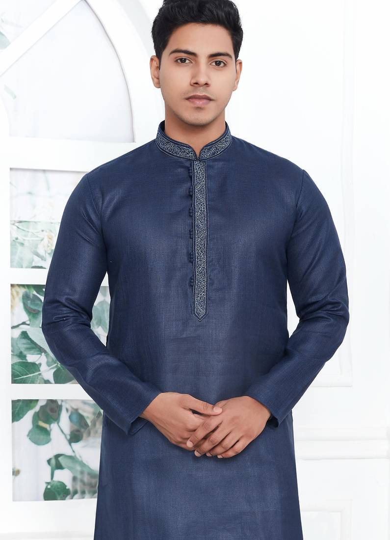 Blue linen cotton kurta for men