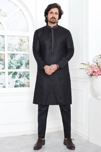 Black linen cotton kurta for men