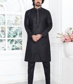 Black linen cotton kurta for men