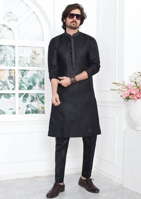 Black linen cotton kurta for men 2