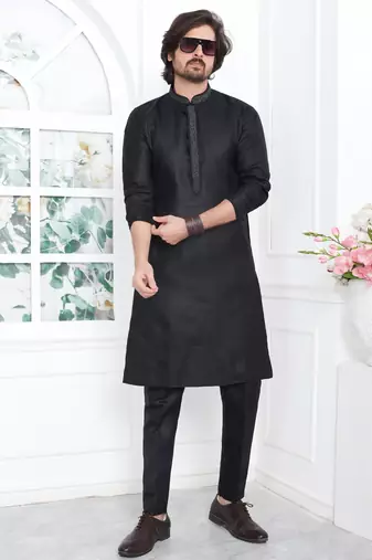Black linen cotton kurta for men