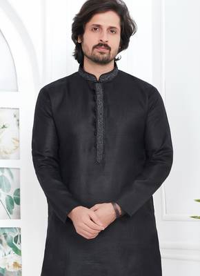 Black linen cotton kurta for men 3