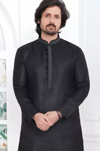 Black linen cotton kurta for men