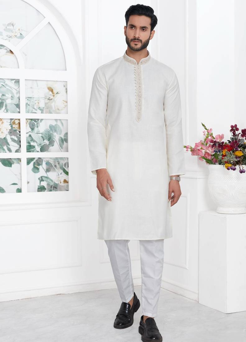 Cream linen cotton kurta for men