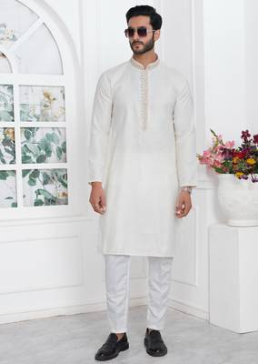 Cream linen cotton kurta for men 2