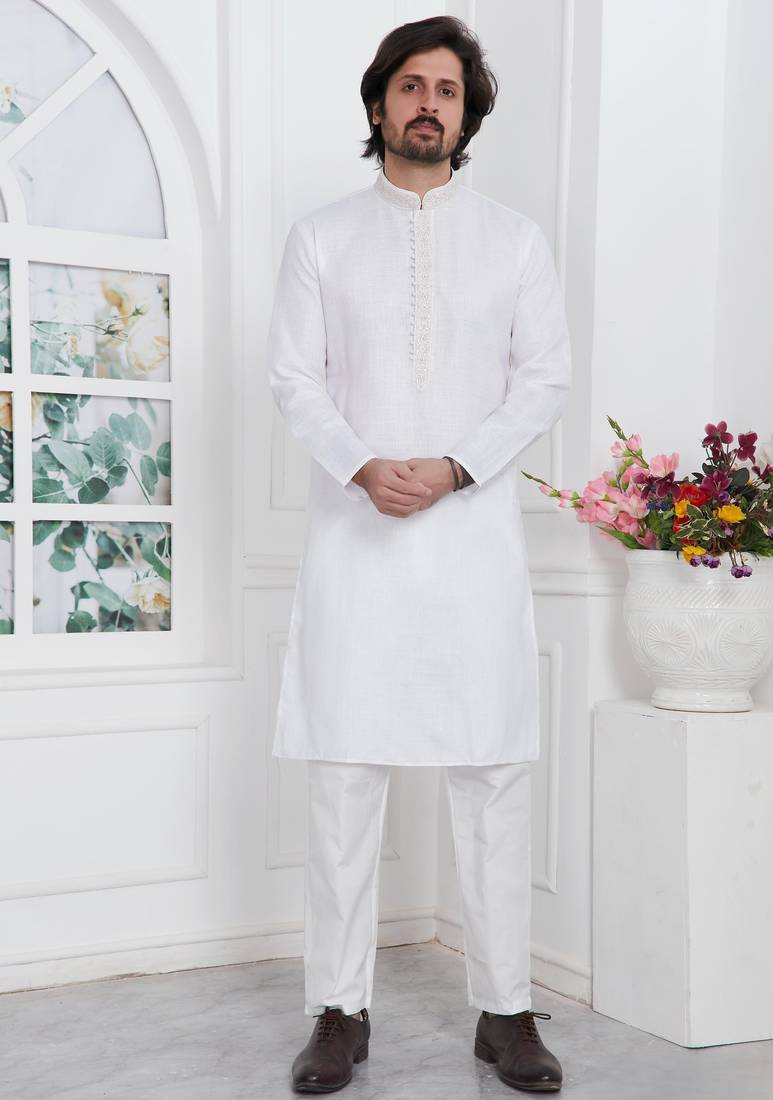 Off white linen cotton kurta for men