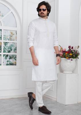 Off white linen cotton kurta for men 2