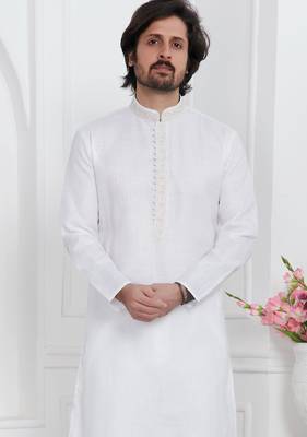 Off white linen cotton kurta for men 3