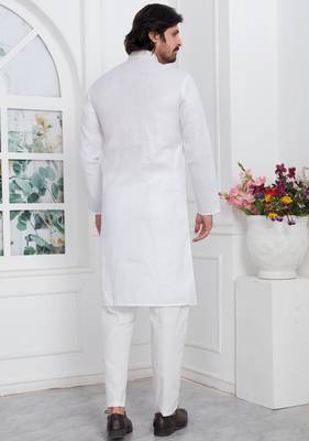Off white linen cotton kurta for men 4