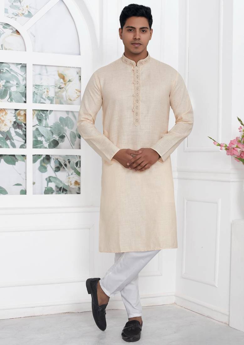Beige linen cotton kurta for men