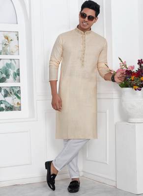 Beige linen cotton kurta for men 2