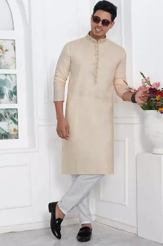 Beige linen cotton kurta for men