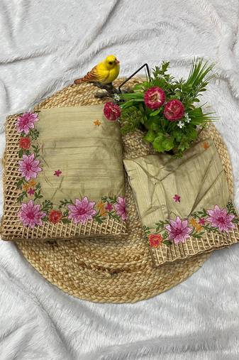 Cream Color Multi Thread Embroidery Work Manipuri Silk Saree