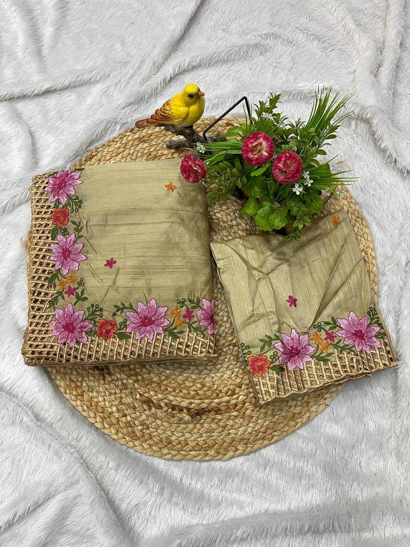 Cream Color Multi Thread Embroidery Work Manipuri Silk Saree