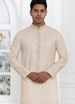 Beige linen cotton kurta for men 3