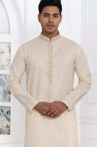 Beige linen cotton kurta for men