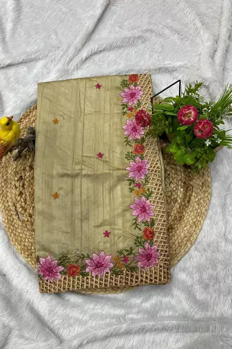 Cream Color Multi Thread Embroidery Work Manipuri Silk Saree