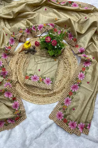 Cream Color Multi Thread Embroidery Work Manipuri Silk Saree