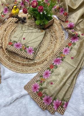Cream Color Multi Thread Embroidery Work Manipuri Silk Saree 4