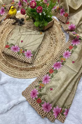 Cream Color Multi Thread Embroidery Work Manipuri Silk Saree