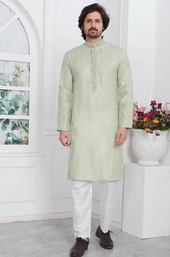 Green linen cotton kurta for men