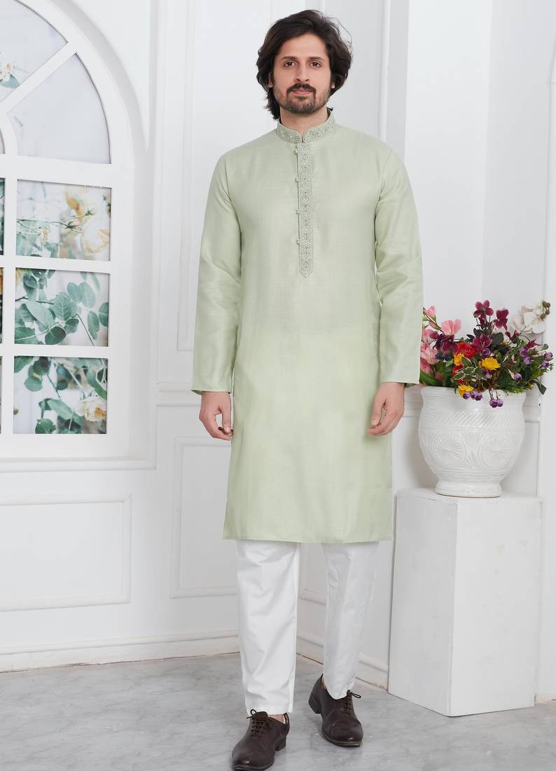 Green linen cotton kurta for men