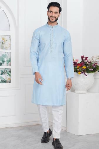 Blue linen cotton kurta for men