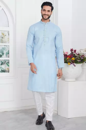 Blue linen cotton kurta for men