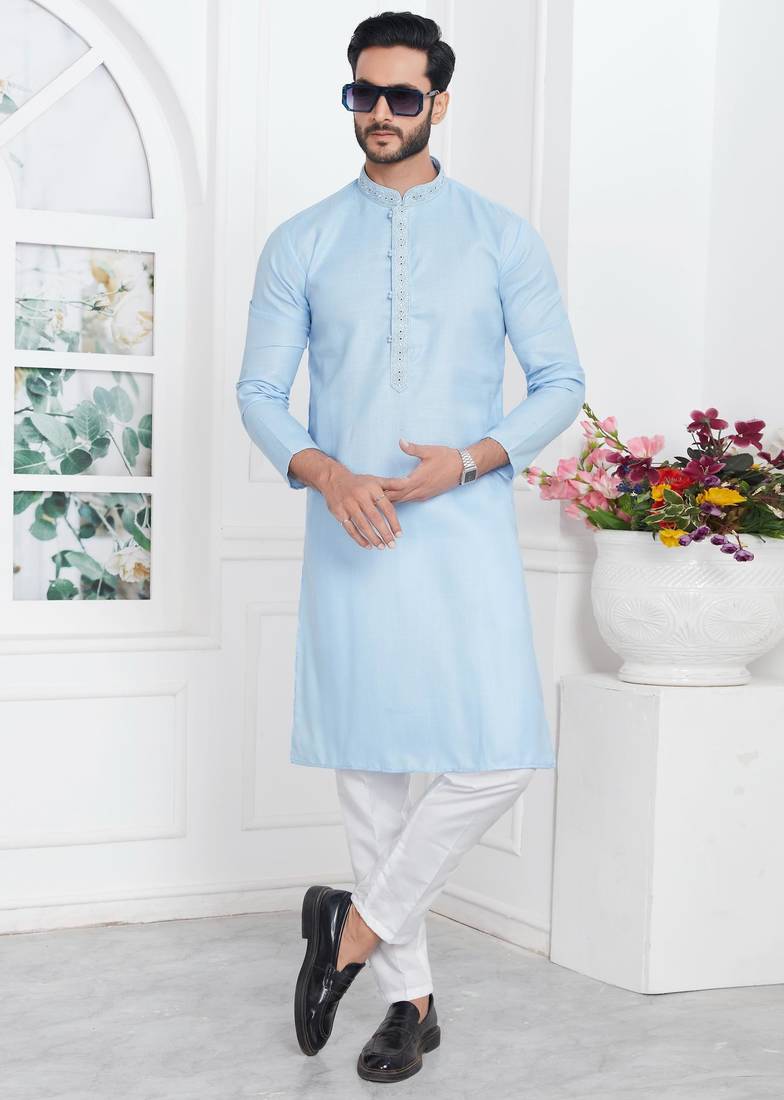 Blue linen cotton kurta for men