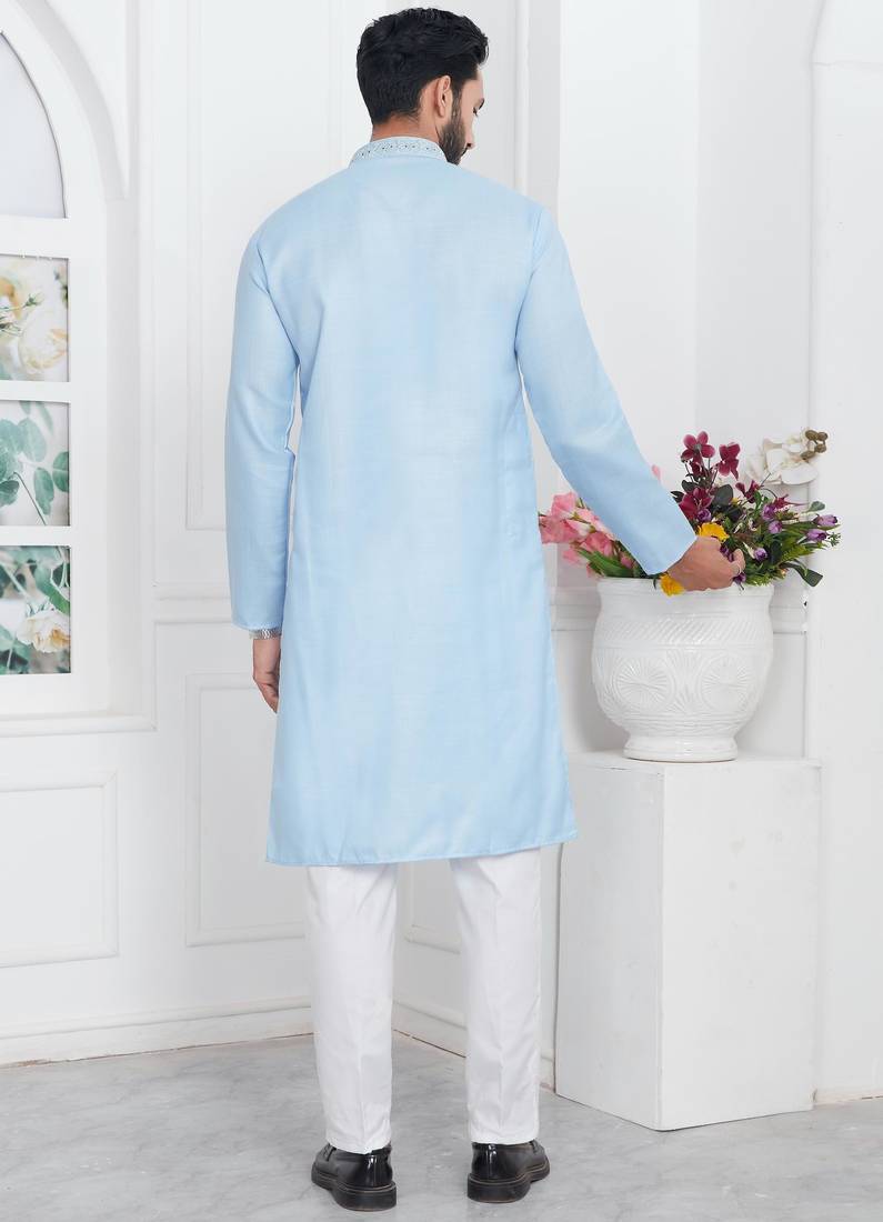 Blue linen cotton kurta for men