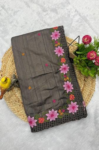 Dark Grey Color Multi Thread Embroidery Work Manipuri Silk Saree