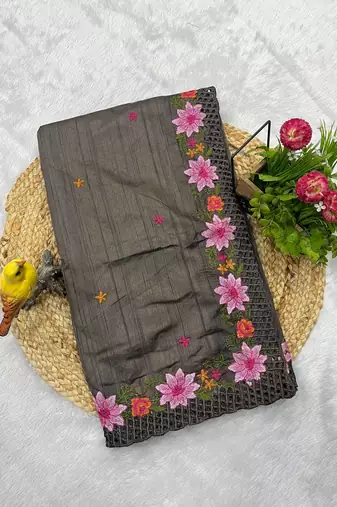 Dark Grey Color Multi Thread Embroidery Work Manipuri Silk Saree