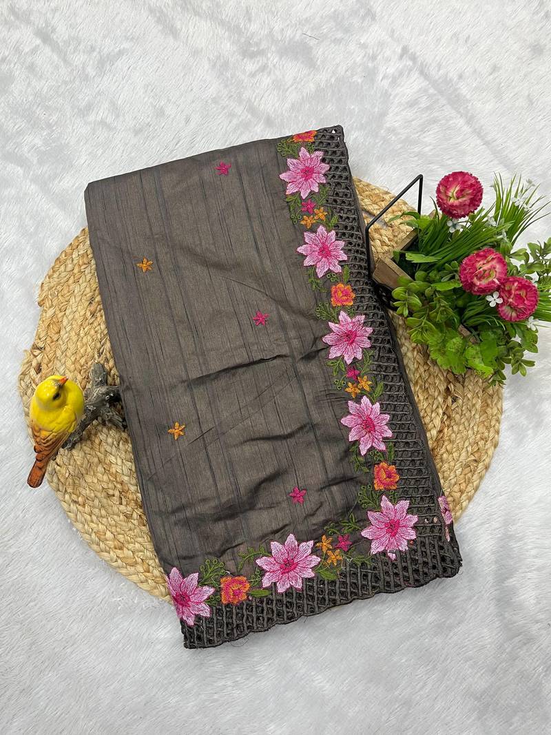 Dark Grey Color Multi Thread Embroidery Work Manipuri Silk Saree