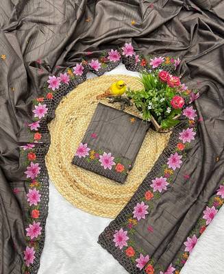 Dark Grey Color Multi Thread Embroidery Work Manipuri Silk Saree 2