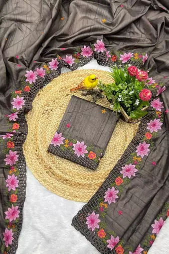 Dark Grey Color Multi Thread Embroidery Work Manipuri Silk Saree