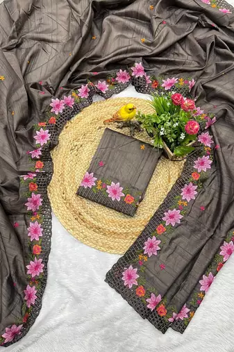 Dark Grey Color Multi Thread Embroidery Work Manipuri Silk Saree