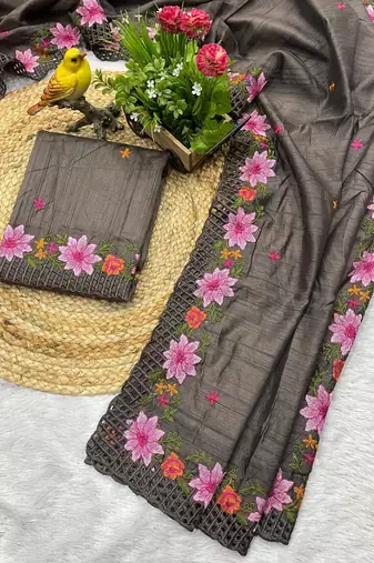 Dark Grey Color Multi Thread Embroidery Work Manipuri Silk Saree
