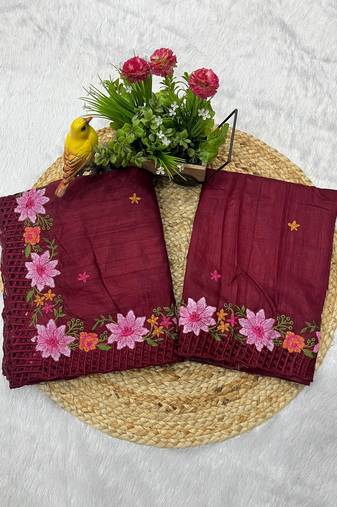 Maroon Color Multi Thread Embroidery Work Manipuri Silk Saree