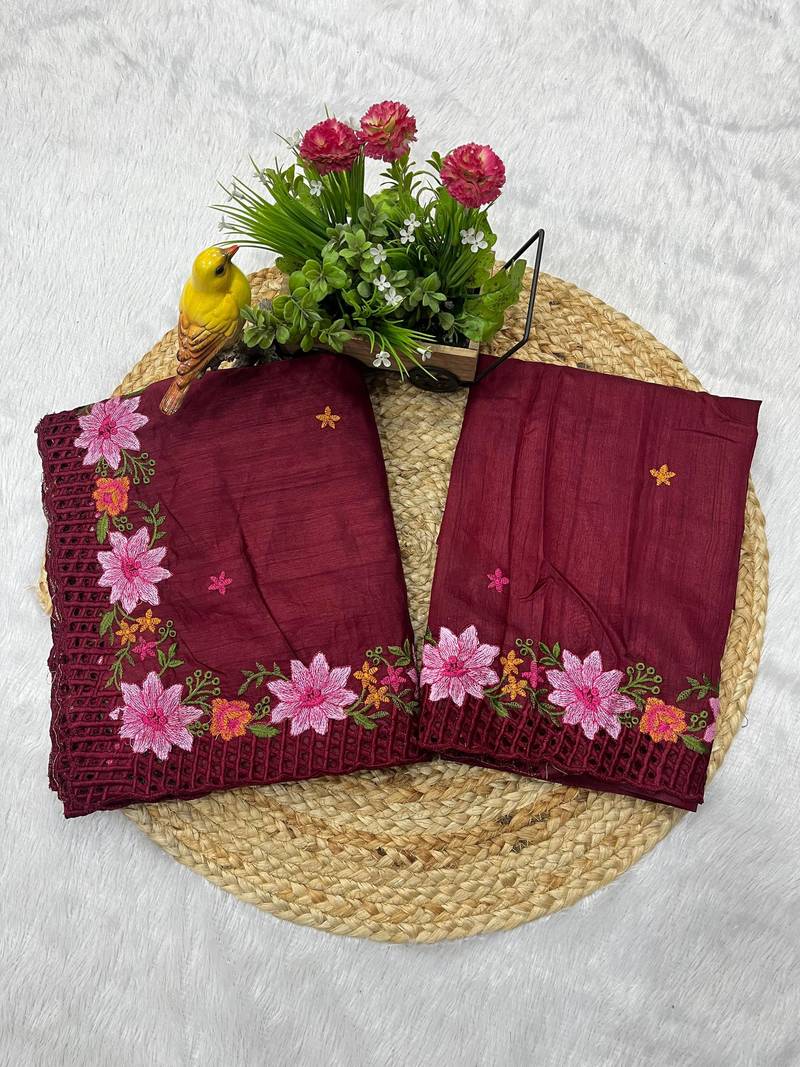Maroon Color Multi Thread Embroidery Work Manipuri Silk Saree