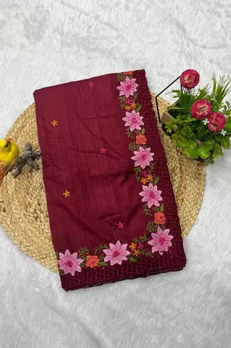 Maroon Color Multi Thread Embroidery Work Manipuri Silk Saree
