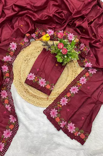 Maroon Color Multi Thread Embroidery Work Manipuri Silk Saree