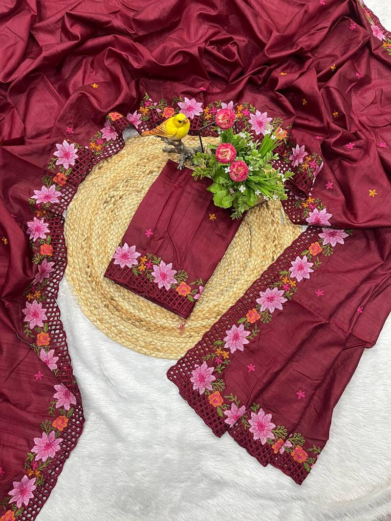 Maroon Color Multi Thread Embroidery Work Manipuri Silk Saree