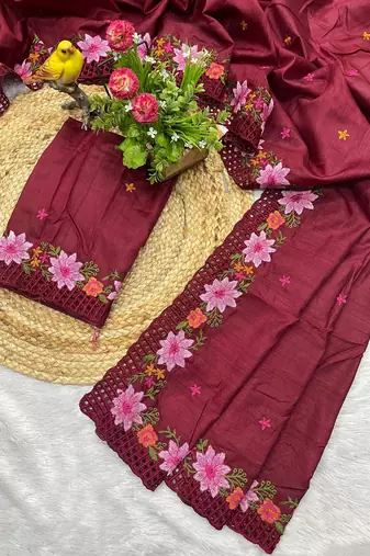 Maroon Color Multi Thread Embroidery Work Manipuri Silk Saree
