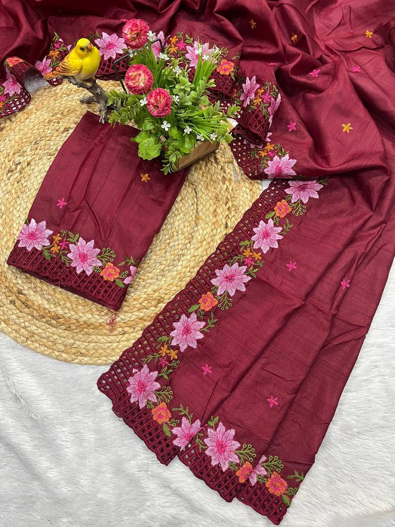 Maroon Color Multi Thread Embroidery Work Manipuri Silk Saree