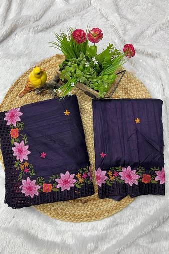 Purple Color Multi Thread Embroidery Work Manipuri Silk Saree