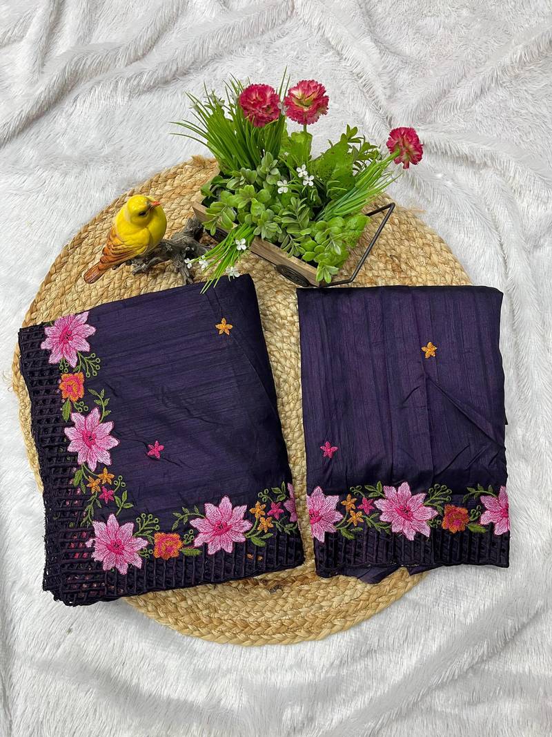 Purple Color Multi Thread Embroidery Work Manipuri Silk Saree