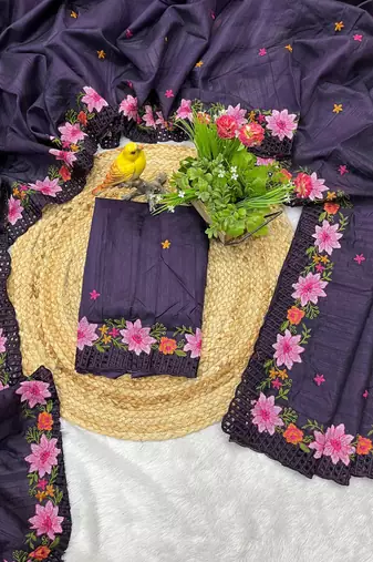 Purple Color Multi Thread Embroidery Work Manipuri Silk Saree