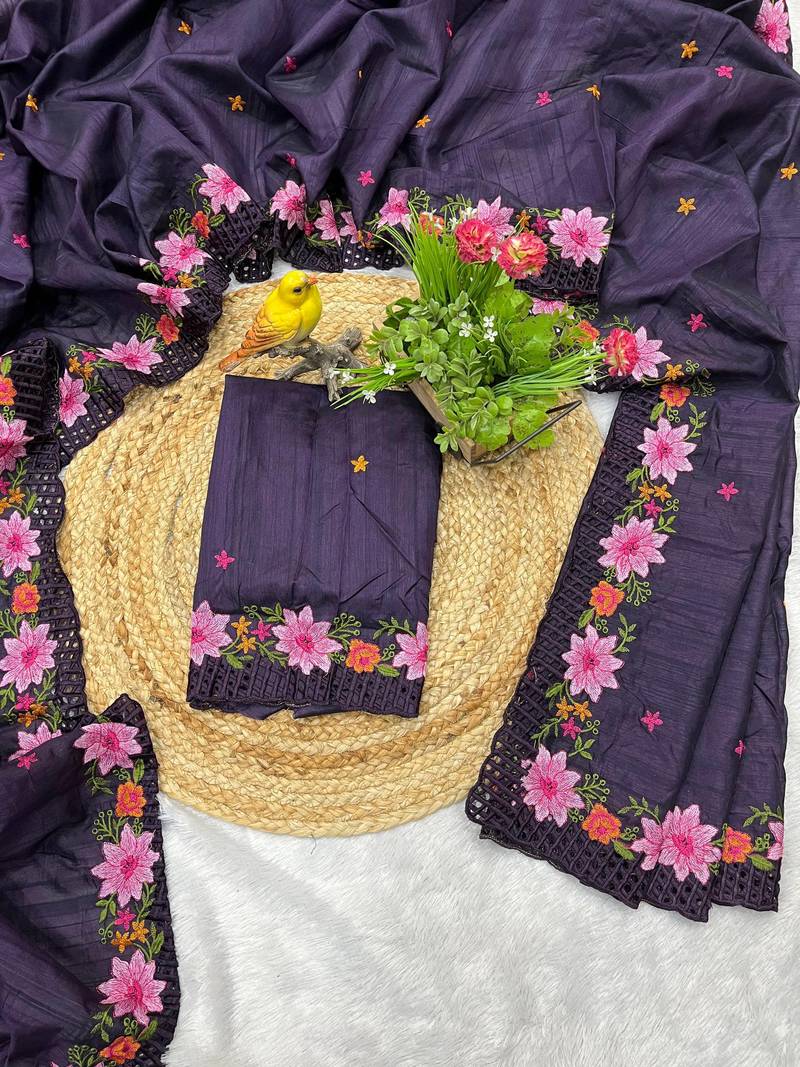 Purple Color Multi Thread Embroidery Work Manipuri Silk Saree