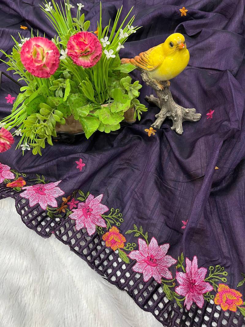 Purple Color Multi Thread Embroidery Work Manipuri Silk Saree