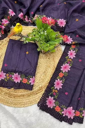 Purple Color Multi Thread Embroidery Work Manipuri Silk Saree